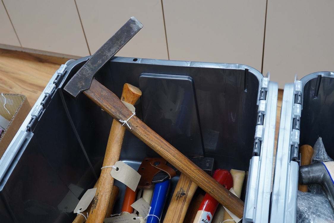 A collection of heavy duty hammers, framing hammers, and axes, including; 13 hammers by Vaughan, U.S.A., plus nine others by Stiletto, etc., and 14 carpenters axes and hatchets by James Howarth, Gransfars Bruks, Agdor of